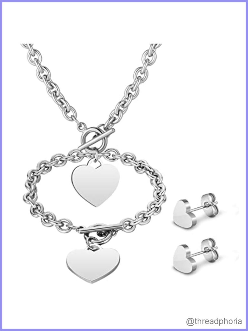 3 Piece Stainless Steel Heart Jewelry Set Necklace Bracelet Earrings